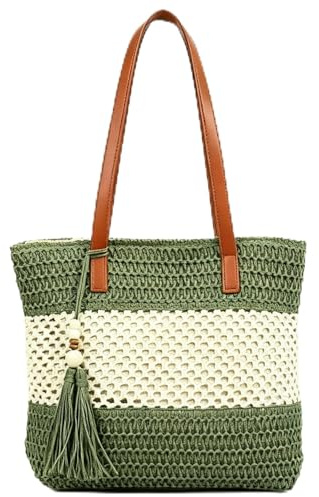 unisoul Straw Beach Bag for Women, Hand-Woven Summer Tote Bag with Zip, Lightweight Shoulder Handbag for Holidays, Travel & Daily Use