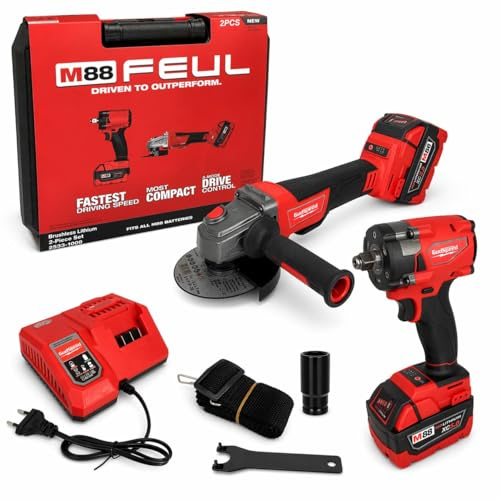 Combo Avvitatore ad impulsi 1/2 + Smerigliatrice Angolare 115/125mm 88V 2 Batterie 5Ah con Motore Brushless Kit Professionale Trapano Avvitatore Flex