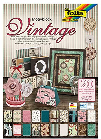 folia 48649 - Motivblock Vintage II, 270 g/qm, ca. 24 x 34 cm, 20 Blatt sortiert in 20 verschiedenen Motiven, zum Basteln und kreativen Gestalten von Karten, Fensterbildern und für Scrapbooking