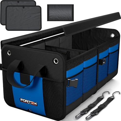 FORTEM Rangement Coffre de Voiture, Pratique et Spacieux, Boite Rangement voiture interieur pliable, Organisateur de Coffre Fond Antidérapant, Sangles de Sécurité et couvercle souple, Car Accessories