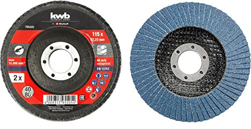 Einhell - Set di 2 dischi a ventaglio (accessori per smerigliatrice angolare, grana P40 e P80, Ø 115 x 22,23 mm, mop, dischi lamellari per metallo e acciaio)