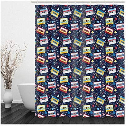 AmDxD Tenda da doccia 90 x 180 cm, con cassetta musicale, a forma di cuore, a forma di stella, in poliestere, con 12 anelli per tenda da doccia, per bagno, lavabile, ad asciugatura rapida,