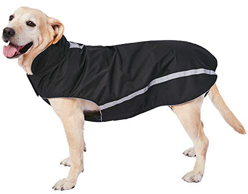 Wasserdichter Hundemantel Hundejacke mit Kragenloch Klettverschluss Fleece gefüttert reflektierender Wintermantel für mittelgroße große Hunde Schwarz 5XL