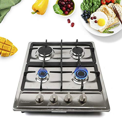Placa de Cocina de Gas de 4 Fuegos, Acero Inoxidable, Gas Natural/Butano, Soporte para Ollas de Hierro Fundido, Eléctrica, Estufa Empotrada, Plata, 550 x 470 mm