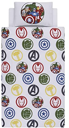 Disney Home Marvel Avengers Reversible Two Sided Duvet Cover Set, Spiderman Iron Man Captain America Hulk, Single Size, 2 pieces, 100% Cotton, Multi Coloured, 135x200cm + 50x70cm (54 x 79 inches)