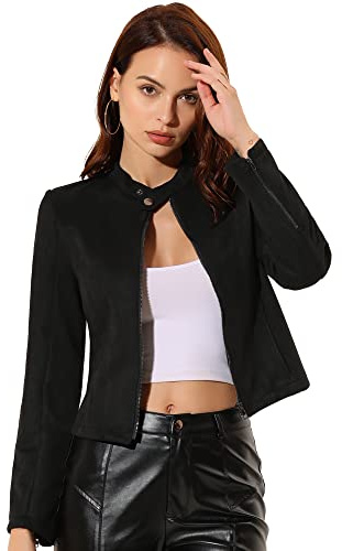 Allegra K Women's Faux Suede Jacket Zip Up Crop Biker Moto Coat Outerwear | Faux Suede, Pockets, Fall Winter Coat, Long Sleeve, Zipper, Western, Drawstring, Crop Moto Biker Jacket