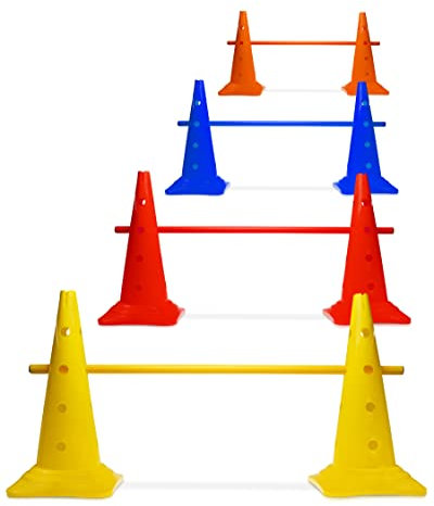 SPORTIKEL24 Kegel-Hürde 50 mit 100 cm Stangen – 4er-Set – Bunt – Steckhürden für Agility, Kinder & Teamsport – Kompakt & flexibel für Parcours-Training