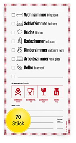 Frank Paperman® Umzugsetiketten 70 Stück | Aufkleber für Umzugskartons | selbstklebend, zweisprachig DE/EN | DIN lang hochkant | Etiketten mit Symbolen & Raumangaben | Umzug Zubehör