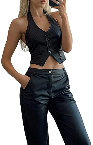 Acrawnni Women Y2K Waistcoat Vest Halter Neck Button Down Dressy Vests Tuxedo Suit Racerback Vintage Slim Fit Streetwear (K-Black, L)