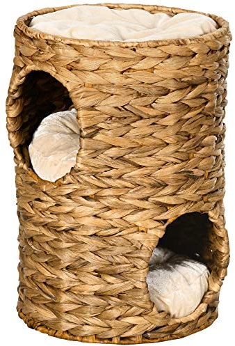 PawHut 47cm Cat Barrel Tree for Indoor Cats with 2 Condos, Kitten Tower with Cushion - Light Brown