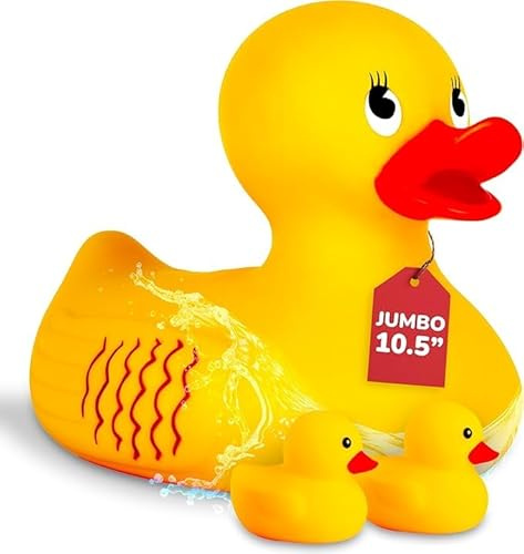 ArtCreativity 10 Jumbo Rubber Duck Bath Toy - 10 Inch Big Large Rubber Duck with 2 Mini Duckies - Classic Yellow Giant Ducky - Bath and Beach Toys for Kids