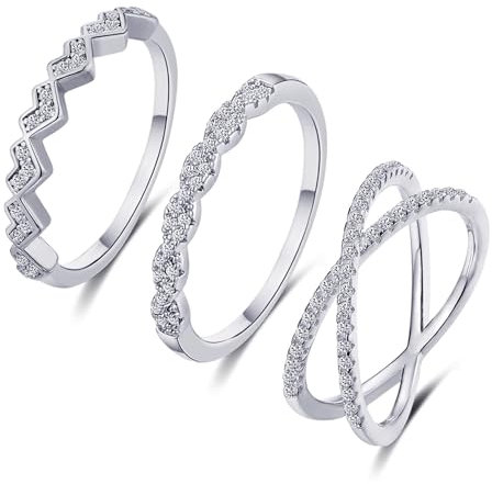 FUNEIA 3 Stück Ring Silber Damen Frauen Stapelbare Ringe Set 18 Karat Weißgold Ehering Verlobungsring Trauringe Weiß Zirkonia Fingerring Knöchelringe Schmuck Größe 49-62 (Silber Set A, 49（15.7）)