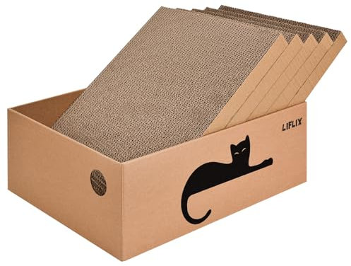 LIFLIX Kratzbrett Katze mit Box, 5Stk. kratzpappe für Katzen mit hochwertiger Karton, Widerstandsfähig Katzenmöbel, 42×32×15cm Groß
