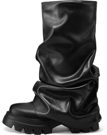 VOMIRA Slouchy Fold Over Boots for Women - Round Toe, Stacked Heel, Pleated Pull On, Wide Calf, Black Platform, Mid Calf Boots