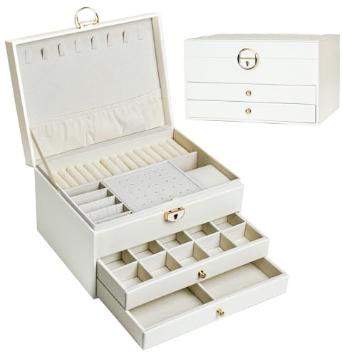ADEL DREAM Schmuckkasten dreistöckige Schmuckbox Schmuckschatulle mit linearem Design Schmuckaufbewahrung Geburtstags- und Feiertagsgeschenk für Damen Tochter und Freunde weiß