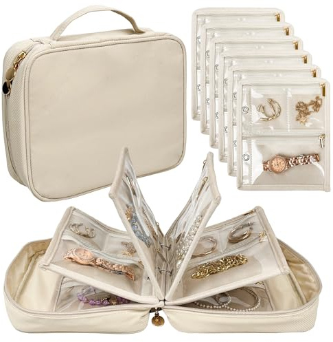 LingLingo Travel Jewelry Organizer Case,Jewelry Bags Jewelry Storage Book Binder with Clear Zipper Velvet Pouch for Traveling,Earrings, Rings, Necklace, Bracelet (White)