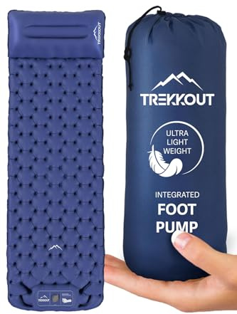 TREKKOUT Ultralight Sleeping Mat | Sleeping Pad with Built-in Foot Pump and Pillow | Compact Inflatable Camping Mat | Durable Waterproof Air Mattress for Hiking, Tent Backpacking, and Travel (Single)