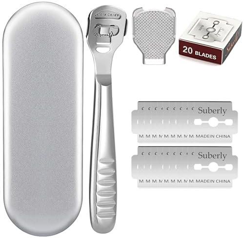 Edelstahl Fußfeile - Professioneller Hornhautentferner für harte Haut - Hornhautraspel für Füße - Fußpflegewerkzeug für trockene und nasse Füße mit 20 Klingen