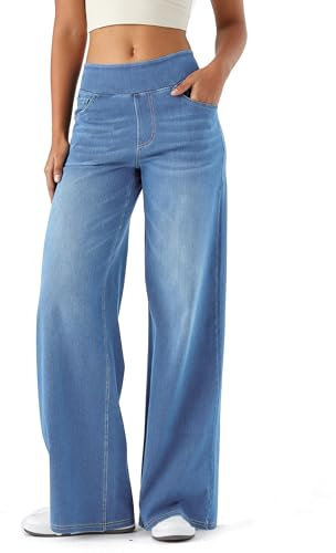 LaiEr Damen Denim Hose mit weitem Bein, hohe Taille, gerades Bein, lockere Passform, Unregelmäßiger handgeriebener Katzenschnurrhaarverlauf hohe Elastizität Casual Jeans(Light BlueL)