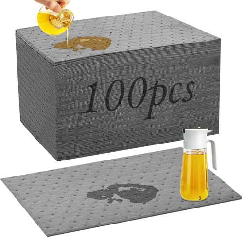 100 Almohadillas Absorbentes de Aceite Universales, 25 X 33 cm Paños Absorbentes de Aceite, Alfombrillas Absorbentes de Aceite para Derrames de Aceite y Líquidos a Case de Agua, para Taller, Máquinas