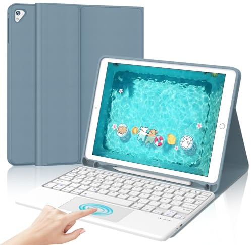 IVEOPPE Teclado para iPad 6/5 generacion 9.7/Air 2/Air 1/Pro 9.7 con Touchpad, Funda Teclado Trackpad Español Ñ QWERTY Bluetooth Desmontable para iPad 2018, Azul grisáceo