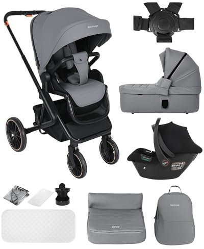 BabyVoyage passeggino 3 in 1, passeggino reversibile, Ruota rotante a 360°, Passeggino con chiusura veloce, seggiolino auto per neonati (da 40 a 85 cm)-vie 0-48 mesi Fino a 26 kg-grigio