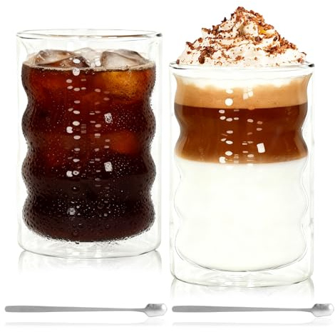 CZCMYAU 2 Pack Double Walled Glass Coffee Cups,375ml Borosilicate Heat Resistant Glass Latte Cappuccino Glasses Mugs for Coffee,Tea,Juice,Milk,Ice Cream and Iced Beverages