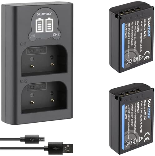 2X Blumax Akku kompatibel mit Olympus BLX-1 [ 2600mAh ] + Slim Dual Charger BLX1 für Olympus OM-1 / OM-1 Mark II/OM-3 & OM System OM-1