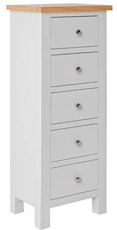 RoselandFurniture Farro Grey Tallboy Chest of Drawers for Bedroom Slim 5 Drawer Cabinet Fully Assembled Contemporary Tall Painted Solid Wood Narrow Storage Chest with Oak Top | 115 x 45cm