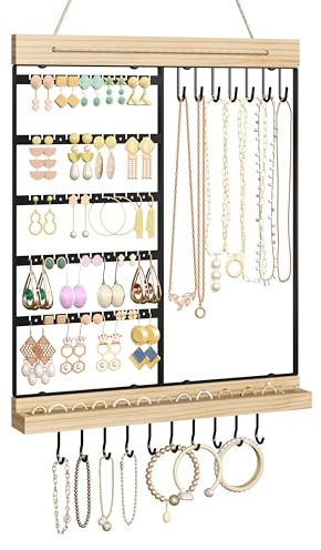 Feyejade Hanging Jewelry Organizer, 5-Tier Wall Earring Holder with Wooden Ring Groove, Jewelry Rack Wall Mounted for Earrings, Necklaces, Bracelets and Rings, Jewelry Holder Stand, Black