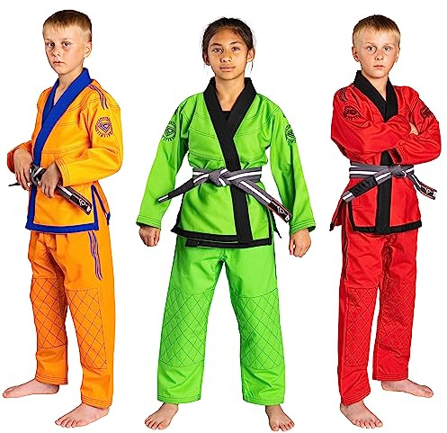 KO Sports Gear Kids BJJ Gi Set, Pre-Shrunk Jiu Jitsu Uniform with Pearl Weave Jacket, Rip Stop Pants and Rope Belt, Cotton Kimono for Kids Martial Arts, Grappling and Daily Training (Green, M0)