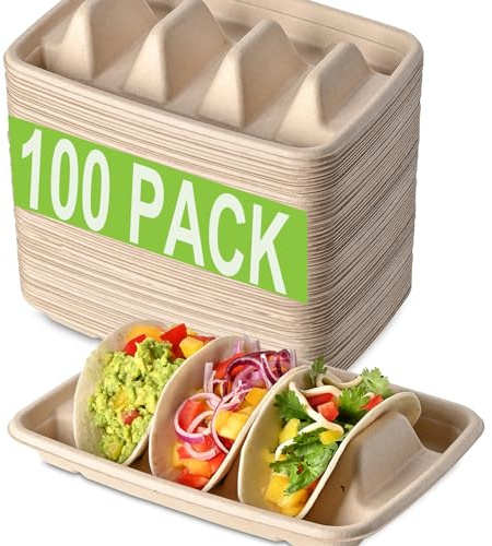 Kzeirm 100 Pack Large Disposable Taco Party Plates, Paper Taco Holder Plates with Dividers, Taco Stands for 3 Tacos, Taco Tuesday Lazy Susan Taco Bar Serving Set for a Party