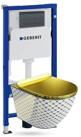 GEBERIT Duofix Basic élément mural+évier Sofi Slim Checked Gold sans bord+abattant WC+panneau Delta 25 bouton noir kit encastré chasse d'eau