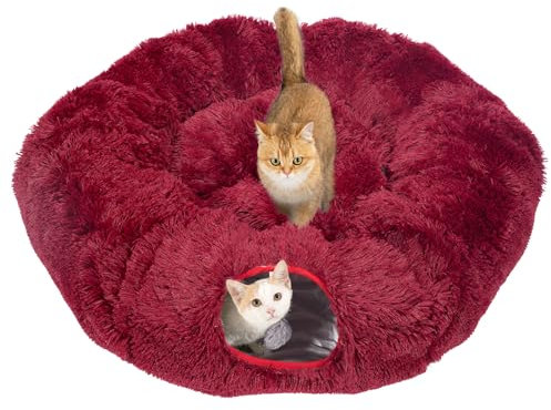 Avont Katzentunnel mit Zentralem Kissen, Weiche Katzenspielzeug Runde Multi-Function Versteck Katzenbett - Rot