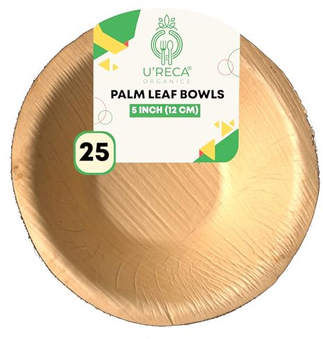 U'reca Organics Eco-Friendly Areca Palm Leaf Round Bowls | 5 - Pack of 25 | Best for Side Dishes, Curry & Rice Portions | Leakproof, Durable, Compostable