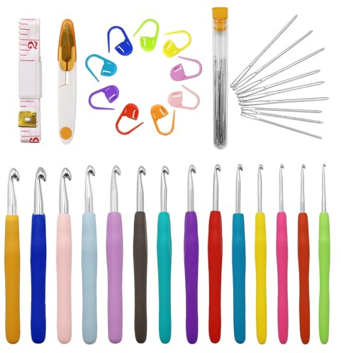 14 piezas de juego de agujas de ganchillo de tamaño completo, 44 piezas de juego de ganchillo para principiantes con accesorios de ganchillo, juego de agujas de ganchillo ergonómicas de goma suave