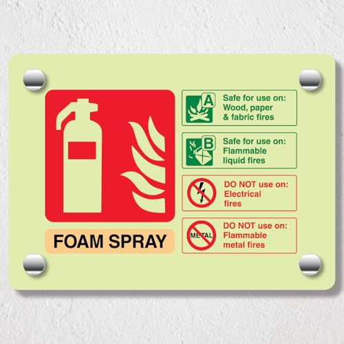 V Safety Foam Spray ID - Letrero acrílico para extintor de incendios que brilla en la oscuridad, paisaje 200 x 150 mm, señalización de seguridad duradera e inastillable