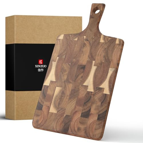 XINZUO Tabla de Cortar de Cocina Madera de Acacia 41x22x1,9cm | Tabla de Servir con Mango Adecuado para Servir Queso, Aperitivos y Preparar la Comida -con Caja de Regalo