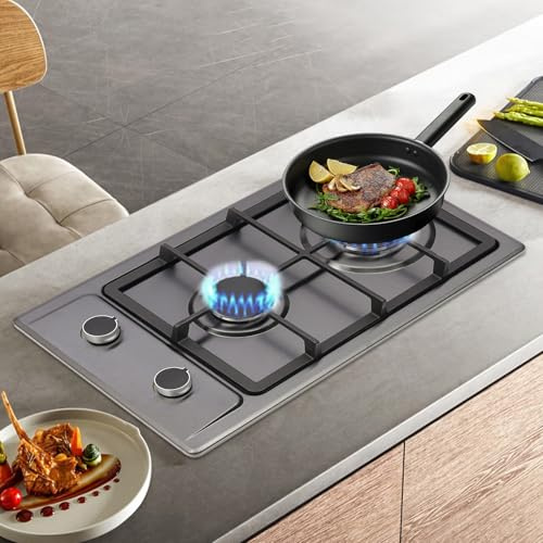 Gasspis med 2 brännare, gasspis i rostfritt stål – inbyggd eller fristående gasspis – för varje gryta – lämplig för camping, hus och husbil, LPG (svart)
