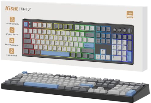 Kisnt KN104 Wireless Mechanical Keyboard, 100% Full Size with Knob, Bluetooth/2.4GHz/USB-C, Custom RGB Backlit, Hot-Swappable Linear Switch, Creamy Sound for Gaming/Typing (Carbon Black)