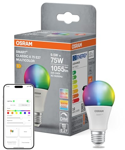 Osram SMART+ LED-Lampe A75 Kolbenform E27 RGBW, Multicolor, dimmbar, Matter over WiFi, App- und Sprachsteuerung, 9,5W, 16 Mio. Farben