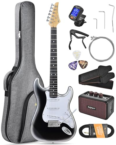 Leo Jaymz Beginner Electric Guitar 39” Kit with Portable Amplifier, Padded Gig Bag, Digital Tuner，Capo，Strap，Picks，Classic SSS Pickups (White-Black Fade-SSS)