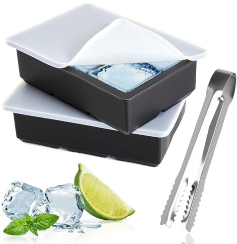 XRVRILE 2 Moldes para Hielo de Silicona con Tapa, Cubitos Grandes Cuadrados para Whisky y Cócteles, Bandeja Hielo Flexible Fácil de Desmoldar, Sin BPA, Pinza de Acero Inoxidable Incluida