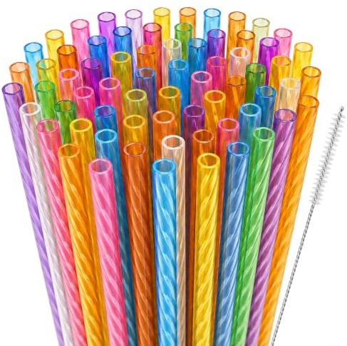 Kyllog 50 Pcs Reusable Plastic Straws, 9 Inch Colored Crystal Straws for Mason Jar Tumblers, Straws Drinking Plastic for Party with Cleaning Brush