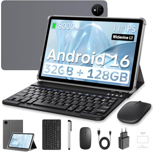Tablet 11 Pulgadas, Tableta Android 16 con Teclado, Octa-Core T615 , 32GB RAM + 128GB ROM+ 1TB TF, Pantalla HD IPS 1920x1200, Cámara Dual 8MP + 16MP, 8000 mAh, Gemini AI, Widevine L1, GPS, BT 5.0