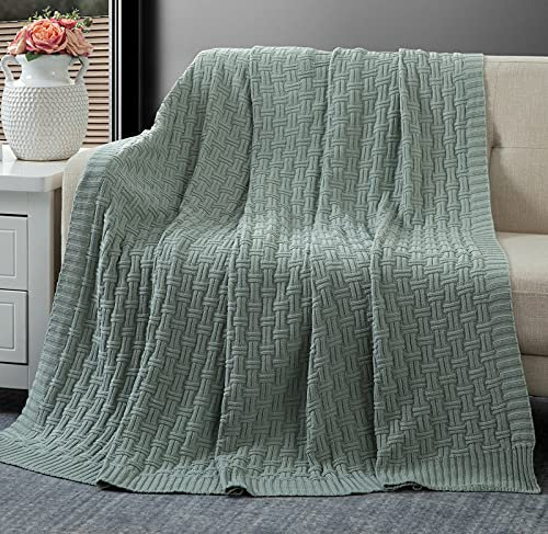 RUDONG M Sage Green Cotton Cable Knit Throw Blanket, Cozy Warm Knitted Couch Cover Blankets, 60 x 80 Inch