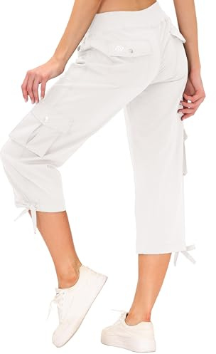 MoFiz Womens Capri Pants 3/4 Cropped Trousers Hiking Cargo Pants White 2XL
