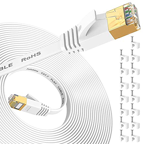 Folishine Cavo Ethernet 20M, Cat7 Internet ad alta velocità con connettore RJ45 placcato oro, cavo LAN schermato per switch di rete, più veloce di Cat5/Cat5e/Cat6-Bianco