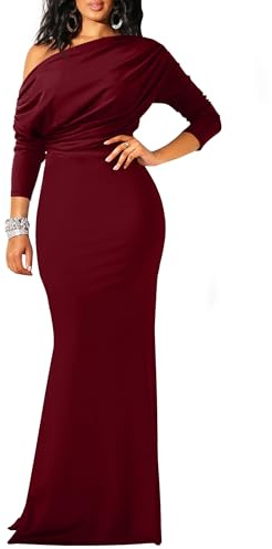 YMDUCH Women's Sexy Elegant Long Sleeve Off Shoulder Bodycon Long Evening Formal Dress WineRed