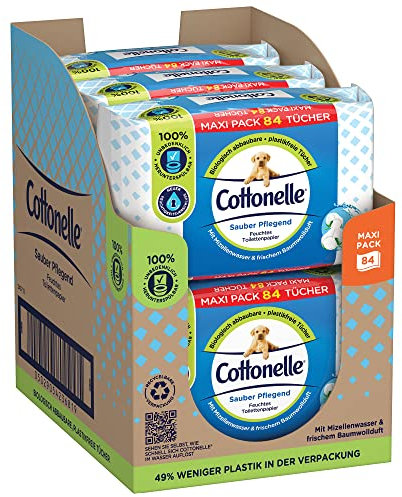 Cottonelle Feuchtes Toilettenpapier Sauber Pflegend, Mizellenwasser & Baumwollduft, Maxi-Pack, 6 x 84 Toilettentücher